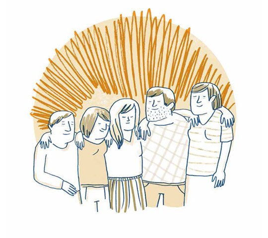 Nebeneinander in einer Reihe stehen ein Mann, zwei Frauen, ein Mann und wieder eine Frau. Alle haben ihre Arme um die Schultern der jeweiligen Personen neben sich gelegt.