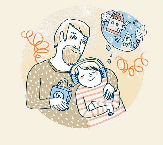 Ein Vater hält liebevoll sein Kind mit Beeinträchtigung im Arm. Es hat Kopfhörer auf und die Augen geschlossen. Über dem Kopf des Kindes schwebt eine Gedankenblase, in der ein Haus und eine Katze abgebildet sind.