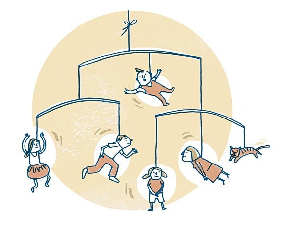 Das Bild zeigt ein Mobile. An diesem hängen ein Mann, eine Frau, ein Junge, zwei Mädchen und eine Katze.