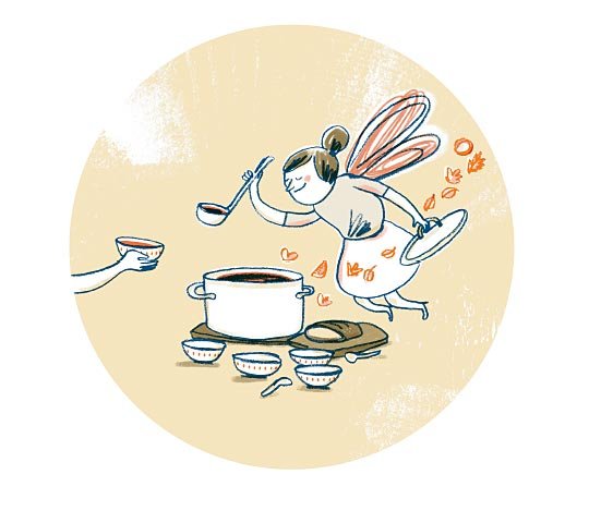 Eine Fee fliegt in der Luft; sie hält eine Suppenkelle in der einen Hand. In der anderen befindet sich ein Topfdeckel. Auf dem Boden stehen 4 leere Schüsseln und ein Topf mit Suppe. Eine fünfte Schüssel mit Suppe wird von zwei Händen gehalten.