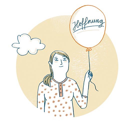 Eine Frau ist bis zu ihrem Oberkörper abgebildet. Sie trägt ein gepunktetes Sweatshirt. In der Hand hält sie einen Luftballon. Auf diesem steht "Hoffnung" geschrieben.