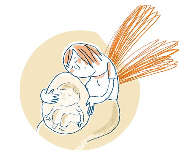 Eine Mutter hält ihr Kind im Arm, das sich in einer Art Blase befindet. Sie legt ihr Gesicht an die Blase und hat die Augen geschlossen.